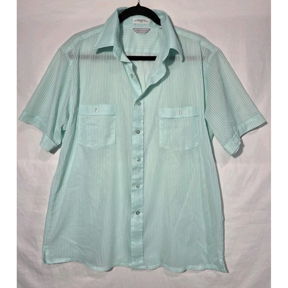 Idle Time Button Down Shirt Mens L Mint Green Vintage Short Sleeve Stripe Sheer